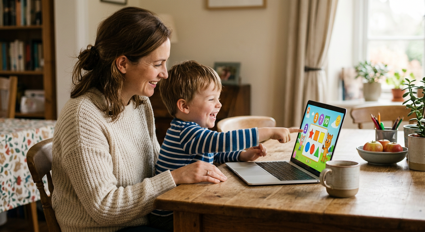 A parent and child playing a quiz game on a laptop at home